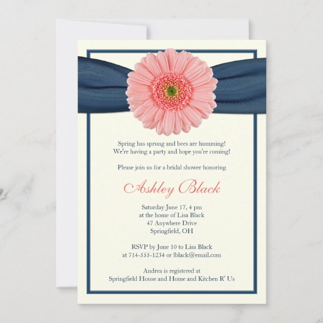 Invitation Coral Gerbera Marine Ribbon Bridal Douche Invitati (Devant)