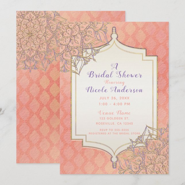Invitation Coral Gold Lavender Fête des mariées marocaine Ara (Devant / Derrière)