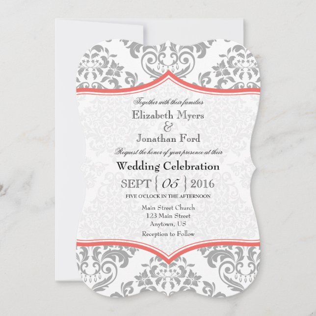Invitation Coral Grey Damask Mariage de bracket (Devant)