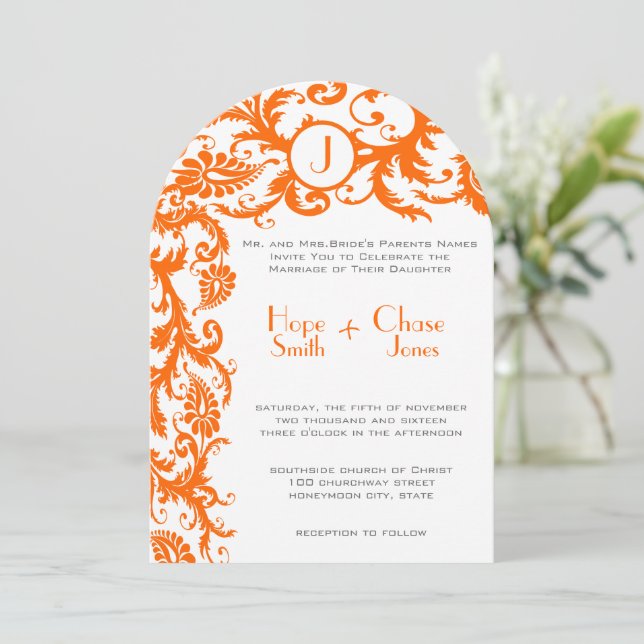 Invitation Coral & Grey Orange Mariage damassé (Debout devant)