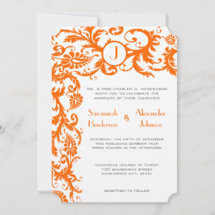 Invitation Coral & Grey Orange Mariage damassé