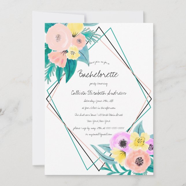 Invitation Coral Jaune Aquarelle Florale Cadre Bachelorette (Devant)