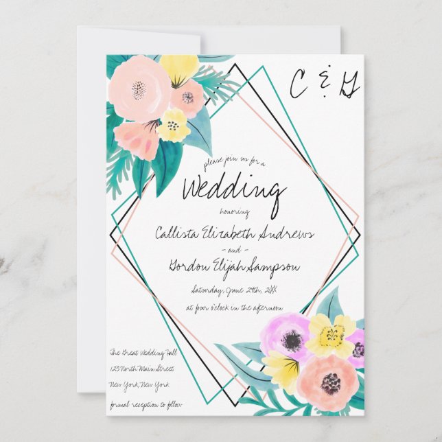 Invitation Coral Jaune Floral Aquarelle Geo Frame Mariage (Devant)