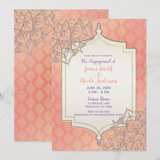 Invitation Coral Lavender Gold Fiançailles indien marocain (Devant / Derrière)