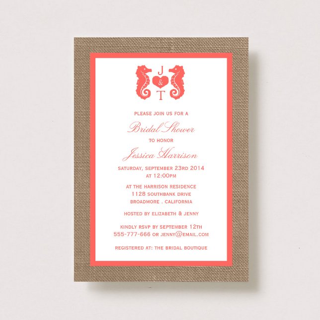 Invitation Coral Monogram Seahorse Beach Burlap Fête des mari (Créateur téléchargé)
