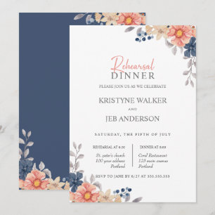Invitation Coral & Navy Flowers Élégant Dîner de répétition