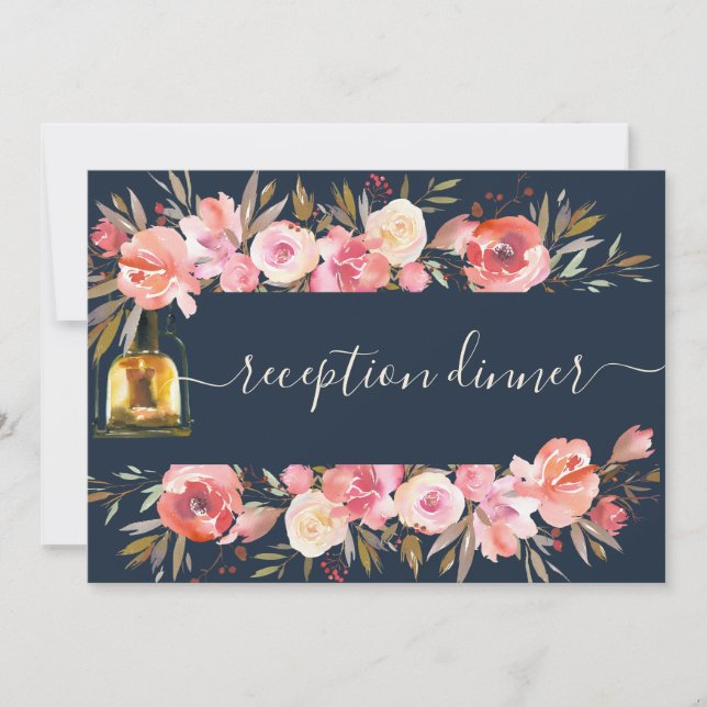 Invitation Coral Navy Gold Lanternes Dîner de réception (Devant)