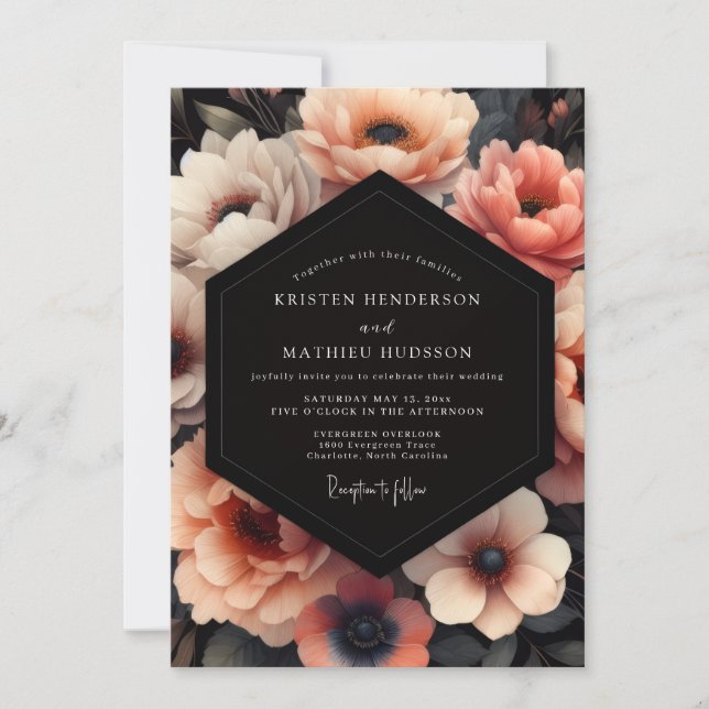 Invitation Coral Nocturne Bloom Wedding (Devant)