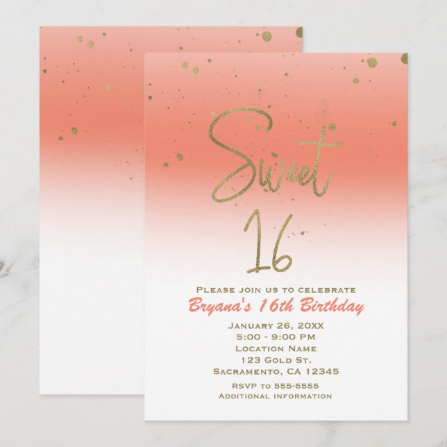 Invitation Coral & Or Glam moderne SWEET 16 Anniversaire (Devant / Derrière)