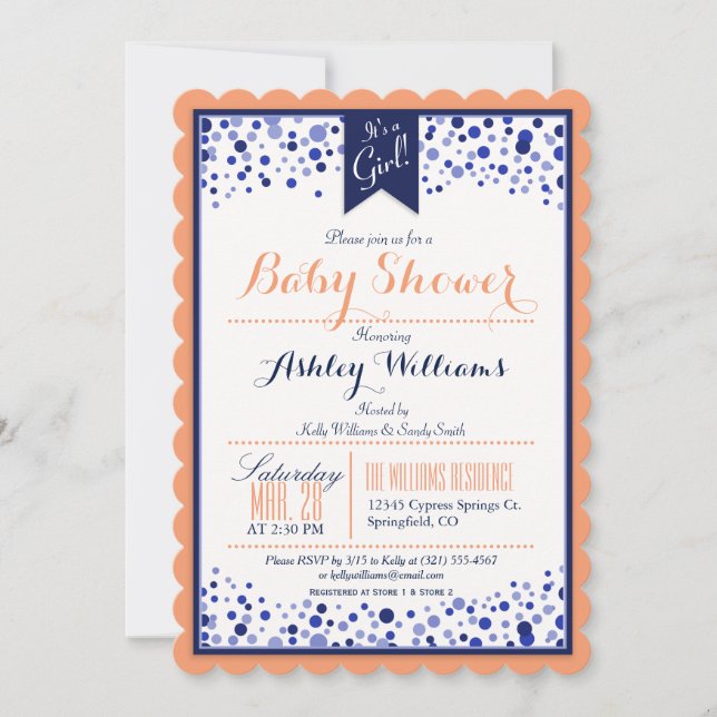 Invitation Coral Orange, Blanc & Baby shower bleu marine (Devant)