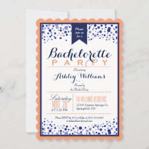 Invitation Coral Orange, Blanc, Bachelorette Bleue Marine