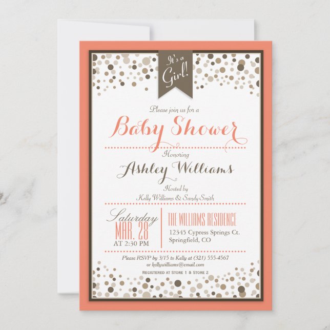 Invitation Coral Orange, Blanc & Taupe Baby shower moderne (Devant)
