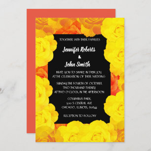 Invitation Coral Orange Jaune Floral Noir Code QR Mariage