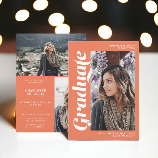 Invitation Coral orangé script 3 graduation photo (Coral orange graduate script 3 photo graduation invitation)
