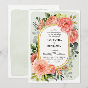 Invitation Coral Peach Blush Floral Moderne Mariage or  