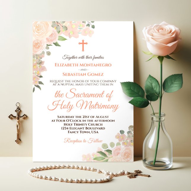 Invitation Coral Peach Boho Floral Moderne Mariage catholique (Créateur téléchargé)