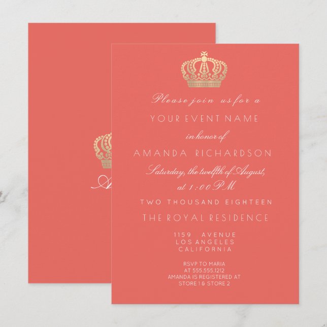 Invitation Coral Peach Golden Crown Parties scintillant royal (Devant / Derrière)