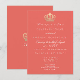 Invitation Coral Peach Golden Crown Parties scintillant royal