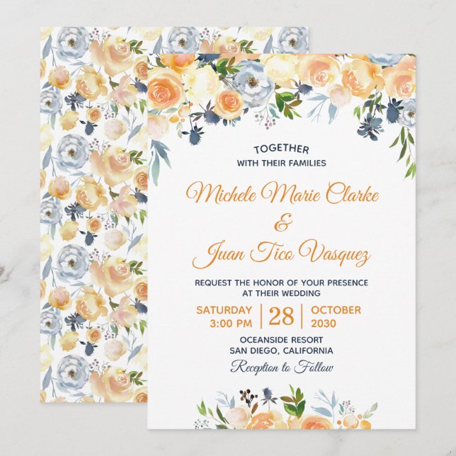 Invitation Coral Peach Marine Aquarelle bleu Mariage floral (Devant / Derrière)