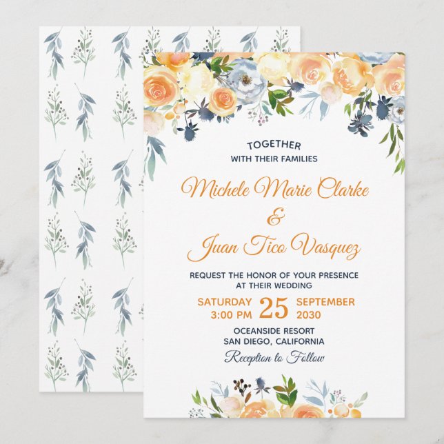 Invitation Coral Peach Marine Aquarelle bleu Mariage floral (Devant / Derrière)