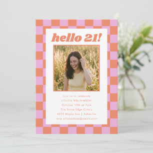 Invitation Coral Pink Damier Photo Bonjour 21 Fête d'annivers
