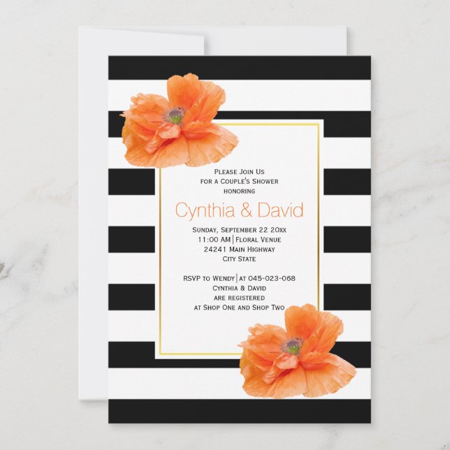 Invitation Coral popies noir blanc mariages couples douche (Devant)
