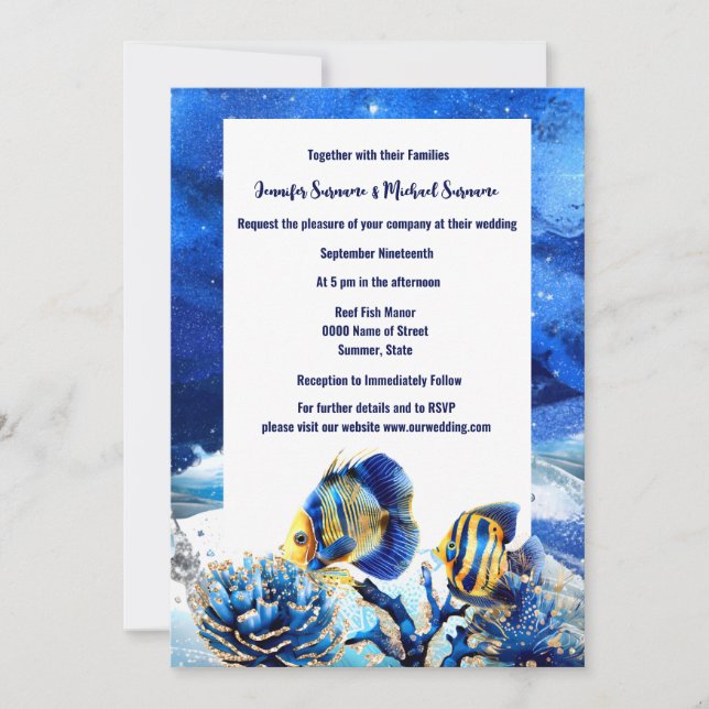 Invitation Coral reef chic bleu papillon plage de poisson (Devant)