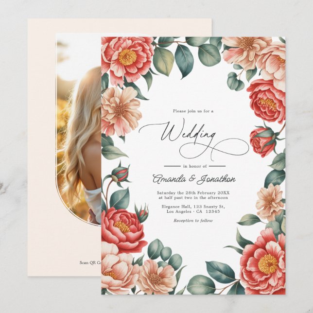 Invitation Coral Rose, Apricot Blush, and Soft Mint Wedding (Devant / Derrière)