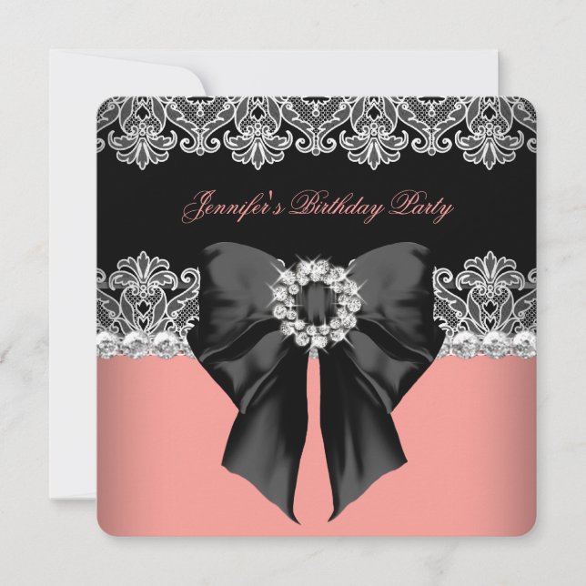 Invitation Coral rose diamant dentelle corail fête d'annivers (Devant)