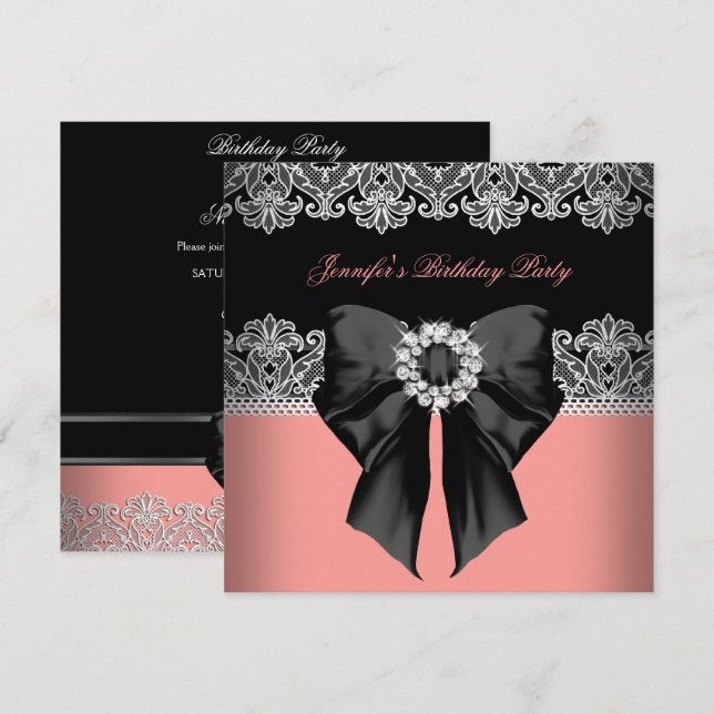 Invitation Coral Rose Diamants Dentelle Corail fête d'anniver (Devant / Derrière)