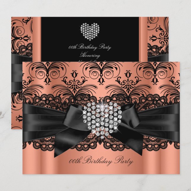 Invitation Coral rose Diamond Coeur Damas fête d'anniversaire (Devant / Derrière)