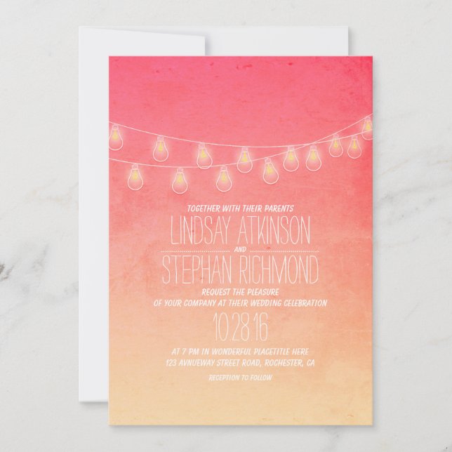Invitation Coral rose Élégant String Lumières Mariage Invite (Devant)