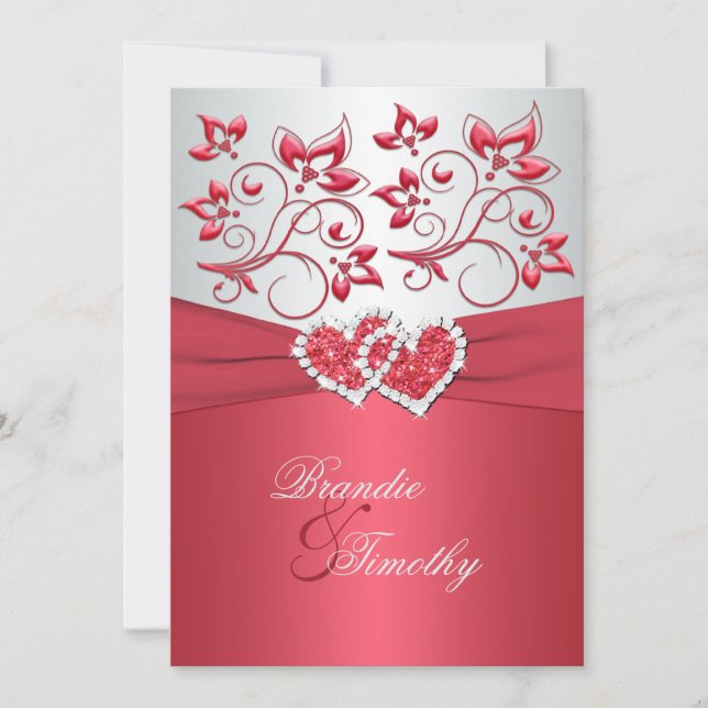 Invitation Coral Rose et Grey Coeurs floraux Mariage Inviter (Devant)