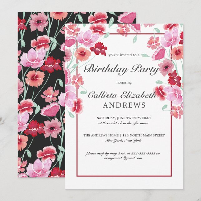 Invitation Coral rose Floral Aquarelle fête d'anniversaire (Devant / Derrière)