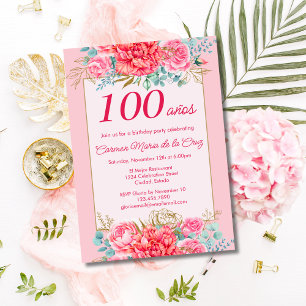 Invitation Coral rose Florals Espagnol 100ème anniversaire