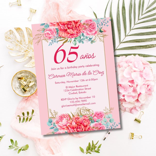 Invitation Coral rose Florals Espagnol 65ème anniversaire (Créateur téléchargé)