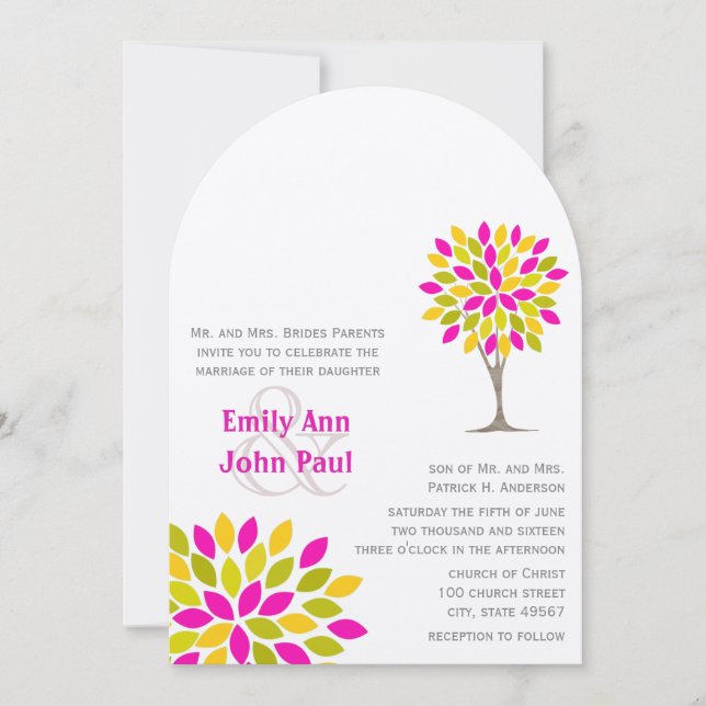 Invitation Coral rose jaune vert vert moderne arbre Mariage (Devant)