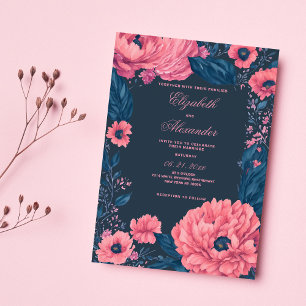 Invitation Coral rose marine bleu aquarelle Mariage floral