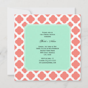 Invitation Coral rose Quatrefoil et Fête des mariées verte à 