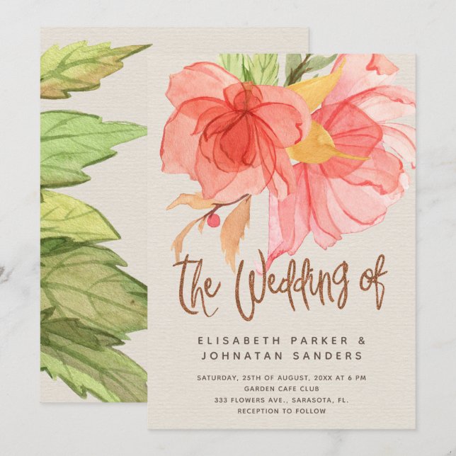 Invitation Coral rose vert d'été aquarelle mariage floral (Devant / Derrière)