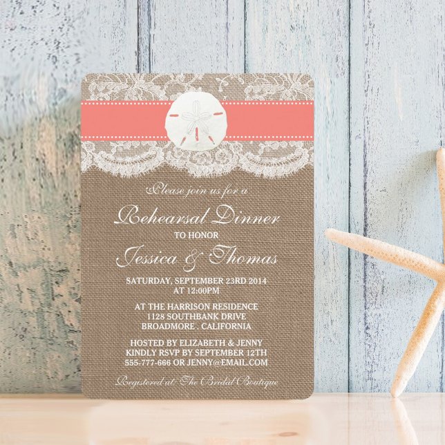 Invitation Coral Sand Dollar Plage Déjeuner de répétition (Créateur téléchargé)