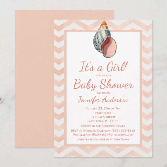 Invitation Coral Seashell Baby shower fille garçon (Devant / Derrière)