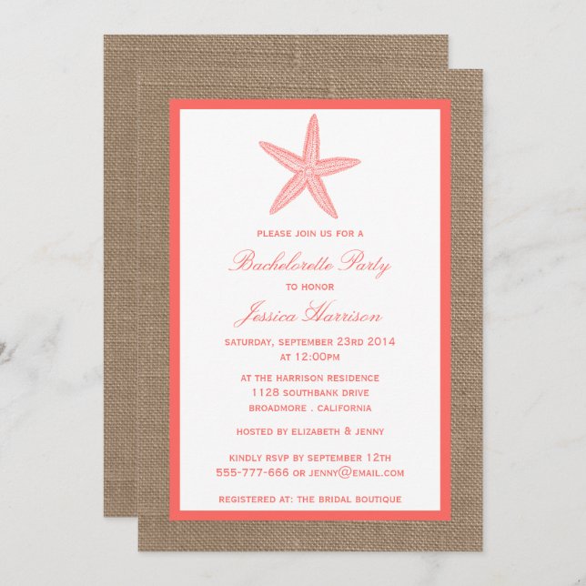 Invitation Coral Starfish Beach Burlap Bachelorette Party (Devant / Derrière)
