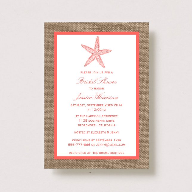 Invitation Coral Starfish Beach Burlap Fête des mariées (Créateur téléchargé)