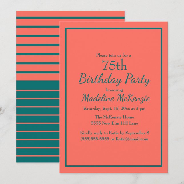 Invitation Coral Teal Striped 75th Birthday Party Invite (Devant / Derrière)