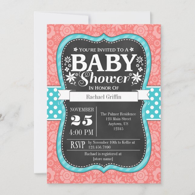 Invitation Coral Turquoise Chalkboard Floral Baby shower Invi (Devant)