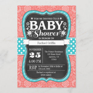 Invitation Coral Turquoise Chalkboard Floral Baby shower Invi