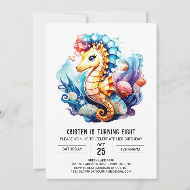 Invitation Coral Whispers Seahorse Imaginaire Anniversaire (Devant)