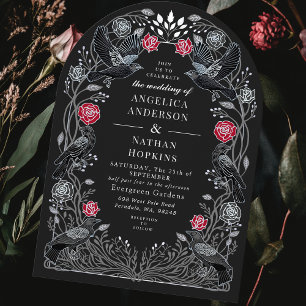 Invitation Corbeau Enchanté Roses Rouges Noires Mariage Gothi