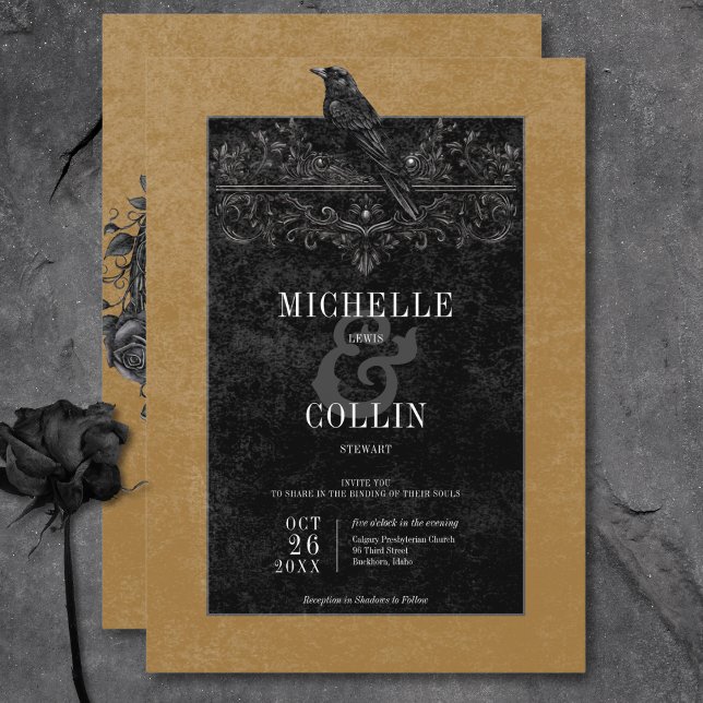Invitation Corbeau noir gothique et Mariage or Rose noir (Gothic Black Raven & Black Roses Gold Wedding Invitation)